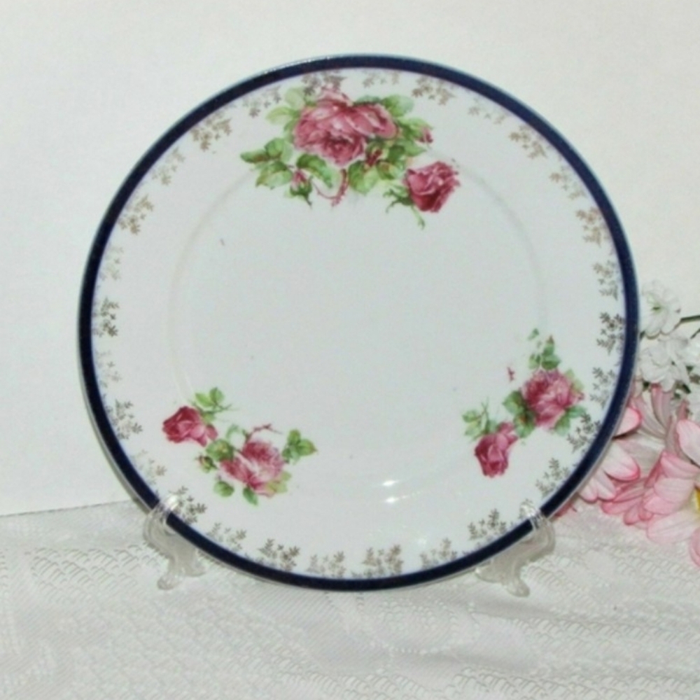 Vintage Cake Dessert Plate Mosanic Bavaria Pink Roses Cobalt Blue Cottagecore